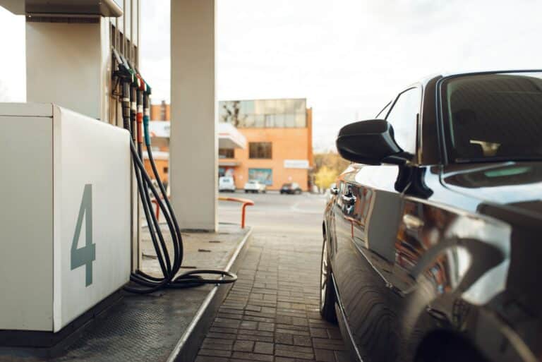 Car fueling on gas station, fuel refill, nobody